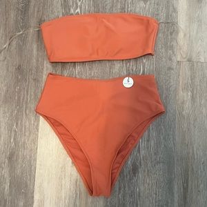 strapless bathing suit top with high waisted bottoms